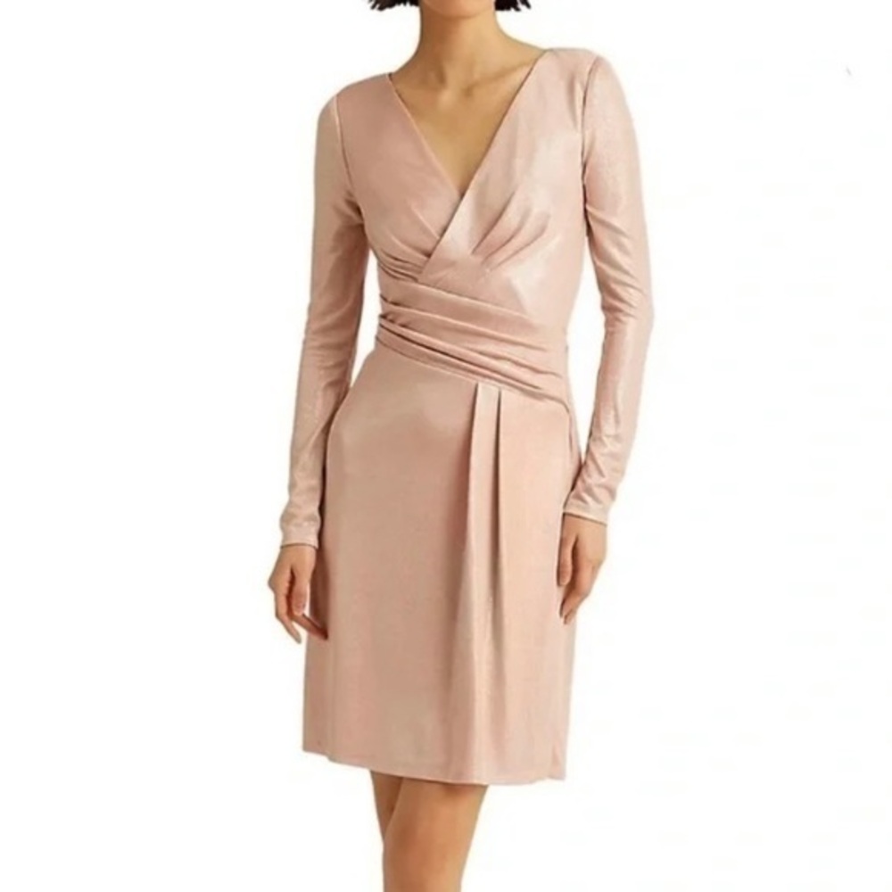 Lauren Ralph Lauren Surplice Neckline Long Sleeve Metallic Dress in Pink